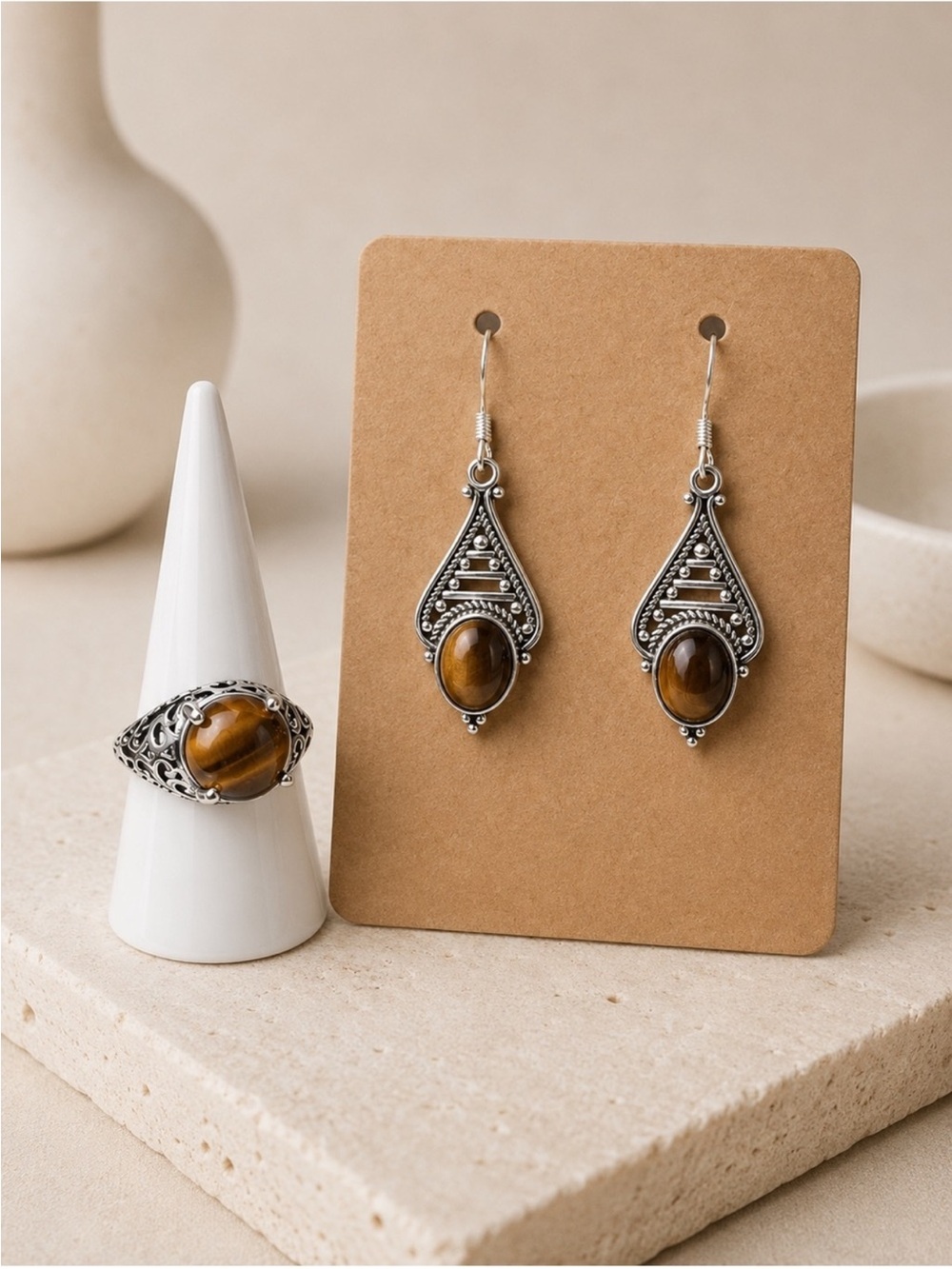 Sterling Silver Tiger’s Eye Ring & Dangle Earrings Set New Handcrafted Ring 8.75